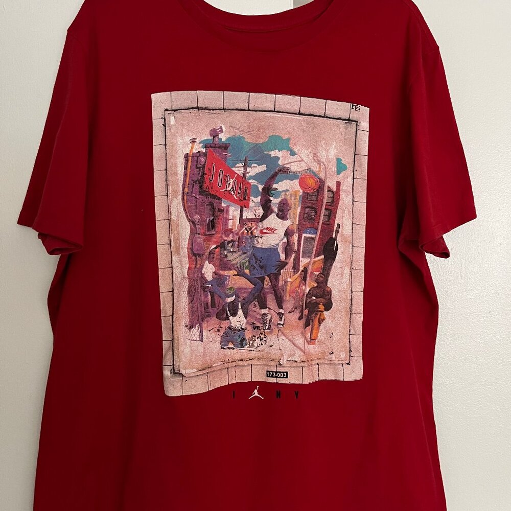 Jordan I Love NY Red Tee Mens Y2K Red Basketball Street Graphic Print Ball vntg